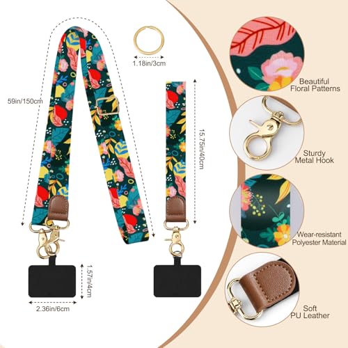 TiMOVO Phone Lanyard Crossbody Wrist Strap, Adjustable Anti-Theft Phone Strap for All Phone Case, lanyard for Women and Men - color: Green + Flower