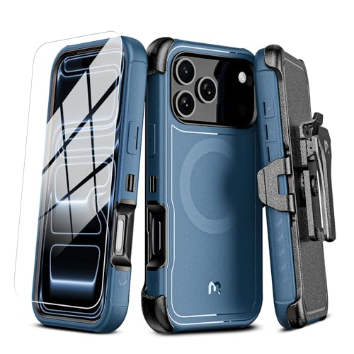 M MYBAT PRO for iPhone 17 Pro Case with Belt Clip Holster,[Compatible with Magsafe] w/Screen Protector,Anti-Drop,Shockproof,w 360°Rotating Kickstand,Heavy Duty Protection (Blue) - color: Blue