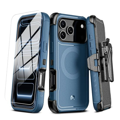 M MYBAT PRO for iPhone 17 Pro Case with Belt Clip Holster,[Compatible with Magsafe] w/Screen Protector,Anti-Drop,Shockproof,w 360°Rotating Kickstand,Heavy Duty Protection (Blue) - color: Blue