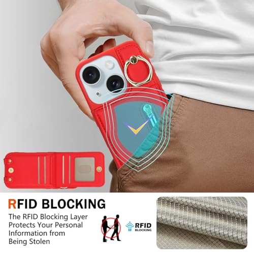 Crossbody Wallet Case for iPhone 11 with Lanyard Strap Card Slot Holder RFID Blocking Ring Kickstand,Magnetic Flip Folio Zipper Purse Case, PU Leather Cover Handbag,Red - color: Red, size: iPhone 11(6.1")