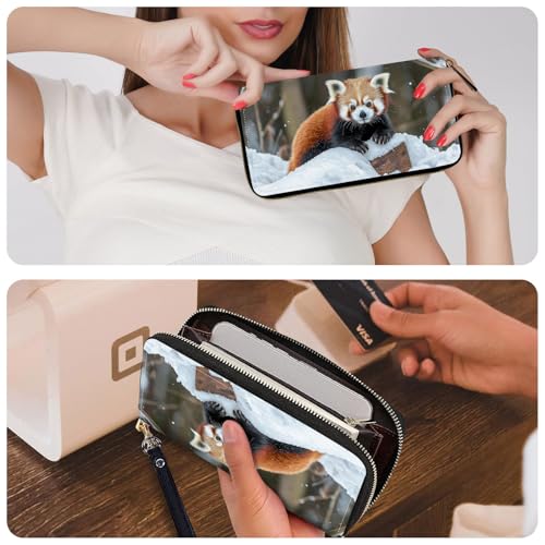 Ladies Wallet,Clutch Purses for Women Wallets Leather Credit Card Holder for Women Wristlet Slim Small Cute with Zipper,Thin RFID Blocking with Wrist Strap,Cute Raccoon Snow - color: Cute Raccoon Snow