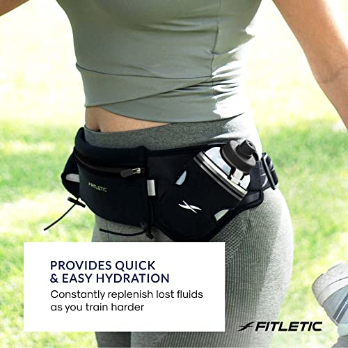 Fitletic Hydration Running Belt with Water Bottles for Men & Women – 2 Quick Flow 8oz Running Water Bottles, Patented Bounce Free Design, Water Resistant Pouch Fits All Phones – Hydra 16 - size: S/M (24"-34"), style: Black