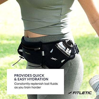 Fitletic Hydration Running Belt with Water Bottles for Men & Women – 2 Quick Flow 8oz Running Water Bottles, Patented Bounce Free Design, Water Resistant Pouch Fits All Phones – Hydra 16 - size: S/M (24"-34"), style: Black