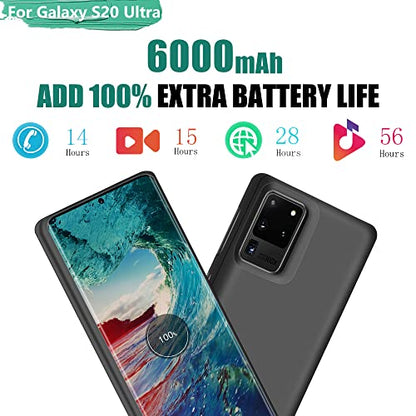 Battery Case for Samsung Galaxy S20 Ultra 5G, 6000mAh Rechargeable Extended Battery Charging Charger Case, Add 100% Extra Juice, NOT Compatible with Note 20 Ultra (6.9 inch)