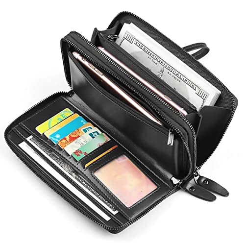Large Wallet Clutch Long Leather Phone Purse Business Hand Clutch Bag Card Holder Travel Wallet for Men Women Father Husband - color: Double-Black