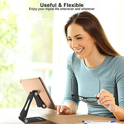 YOSHINE Cell Phone Stand, Upgraded Phone Stand for Desk, Adjustable Tablet Stand, Foldable Portable Aluminum Phone Holder, Cradle, Dock for All iPhone Smartphones and iPad Tablets(4-13in) - Black - color: Black