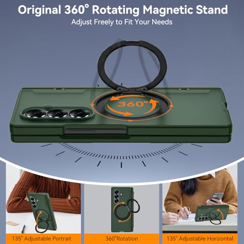 Upgraded 360° Spin Magnetic Invisible Ring Stand for Samsung Galaxy Z Fold 7 Case,[Compatible with MagSafe][S Pen Holder][Hinge Protection][Screen Protector],Shockproof Full Body Phone Cover - color: Green-1