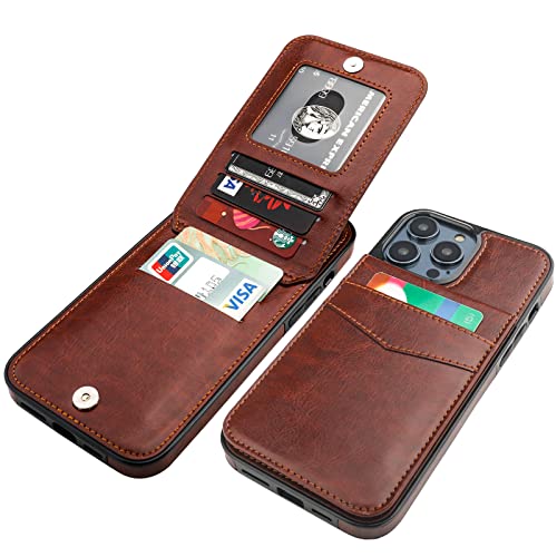 KIHUWEY for iPhone 14 Pro Max Wallet Case Card Holder Kickstand, Brown | Credit Card Slots, PU Leather, Magnetic Clasp, Flip Heavy Duty Protection Cover for Men and Women - color: Brown