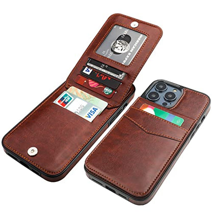 KIHUWEY for iPhone 14 Pro Max Wallet Case Card Holder Kickstand, Brown | Credit Card Slots, PU Leather, Magnetic Clasp, Flip Heavy Duty Protection Cover for Men and Women - color: Brown