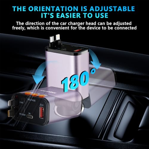 Retractable Car Charger,5 in 1 Fast Cars Phone Charger 60w,Bluetooth 5.3 FM Transmitter Adapter,Handsfree Call,MP3 Player,2 Retractable Cables and USB Chargers, for Phone,Galaxy,Pixel (Purple) - color: Purple