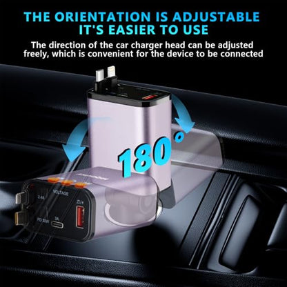 Retractable Car Charger,5 in 1 Fast Cars Phone Charger 60w,Bluetooth 5.3 FM Transmitter Adapter,Handsfree Call,MP3 Player,2 Retractable Cables and USB Chargers, for Phone,Galaxy,Pixel (Purple) - color: Purple