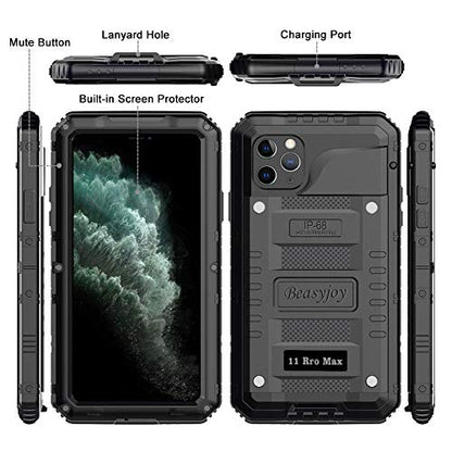 Beasyjoy for iPhone 11 Pro Max Case Waterproof Metal Case Heavy Duty Built-in Screen Full Body Protective Shockproof Military Grade Black - color: Black, size: iPhone 11 Pro Max