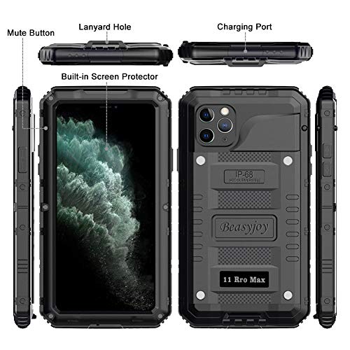 Beasyjoy for iPhone 11 Pro Max Case Waterproof Metal Case Heavy Duty Built-in Screen Full Body Protective Shockproof Military Grade Black - color: Black, size: iPhone 11 Pro Max