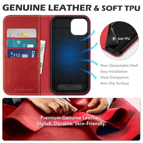 SHIELDON Genuine Leather Wallet Case for iPhone 14 6.1" 2022, Retro Red | RFID Blocking, Credit Card Holder, Magnetic Closure, Kickstand, Folio Design, Shockproof Phone Cover - color: Red - Retro