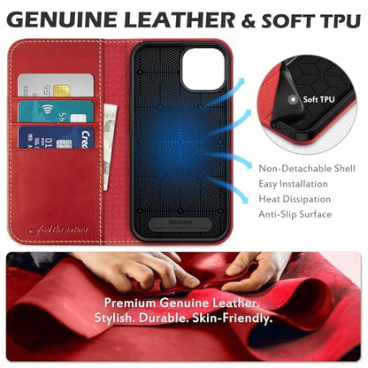 SHIELDON Genuine Leather Wallet Case for iPhone 14 6.1" 2022, Retro Red | RFID Blocking, Credit Card Holder, Magnetic Closure, Kickstand, Folio Design, Shockproof Phone Cover - color: Red - Retro