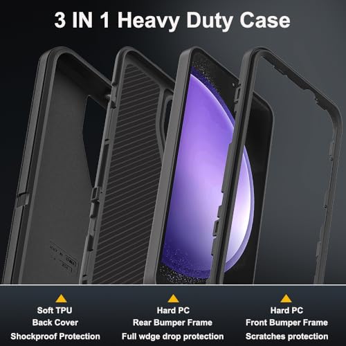 for Samsung Galaxy S23 FE Case with 2Pcs Tempered Glass Screen Protector and 1Pcs Camera Lens Protector, 3 in 1 Heavy Duty Shockproof/Drop Proof/Dust Proof Case (Black/Black) - color: Black/Black