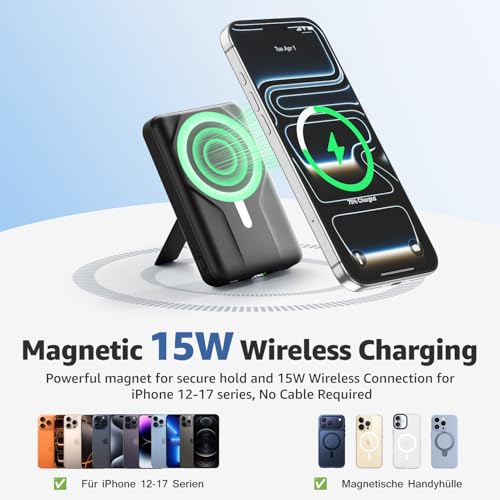 Azmuth for MagSafe Portable Charger, 10000mAh Magnetic Power Bank 20W PD | Fast Charging,Wireless Battery Pack with LED Display & Stand,Travel Essentials,for iPhone 17/16/15/14/13/12 Series - color: Black