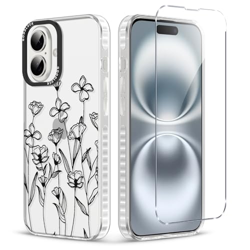 for iPhone 16 Case Floral with Screen Protector,Protective Shockproof Slim Clear Floral Phone Cover?Cute Phone Case for Women Girl with Flower Pattern Design (Black line Flowers) - color: Black line flowers, size: iPhone 16