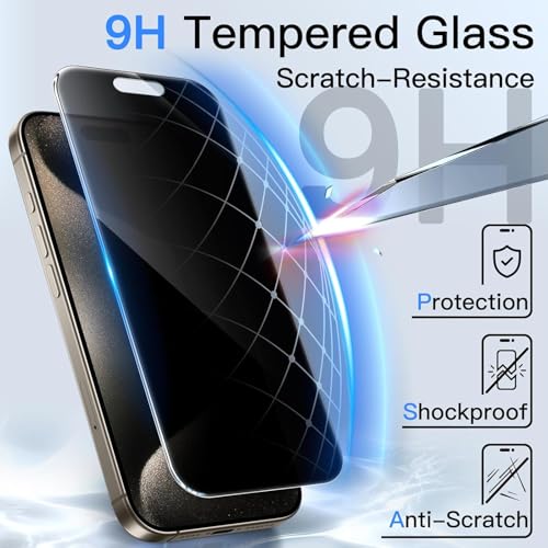 Privacy Screen Protector Compatible with iPhone, 9H Tempered Glass, Clear, Case Friendly, Anti-Scratch, Face ID Compatible (3, 15 Pro Max)