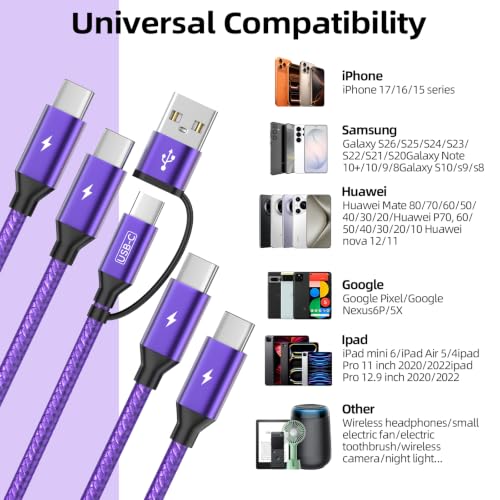 4 in 2 USB A/C to USB C Cable, USBC Multi Charging Cable [2 Pack, 5FT] - color: Purple