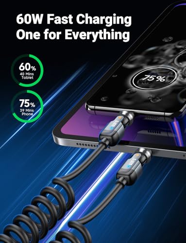 AUFU USB C to USB C Cable 3ft(2Pack), Double 180°+360° Rotation/Coiled USB C Cable for Car/Car Charger USB C/Type C to Type C for 1Phone 17/16/15, Mac-Book/1Pad Series, Sam-Sung Galaxy Series