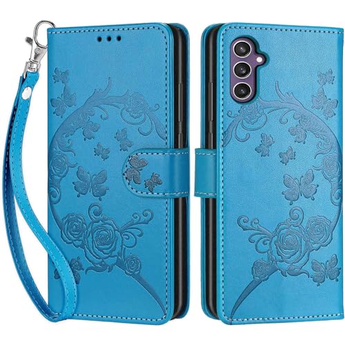 Wallet Case for Samsung Galaxy S23 FE, Blue Flower | Women Flip Folio Cover, Embossed PU Leather, Stand, Credit Card Holders Slots, Wrist Strap - color: 5