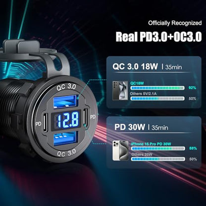 12V USB C Outlet 78W 4 Ports Aluminum Car Charger Socket, Dual PD 30W and Dual QC 18W Car USB Port 12V Charger with Voltmeter and C to C Cable, Suitable for Boat Marine Bus Truck Golf RV Motorcycle - size: 4USB