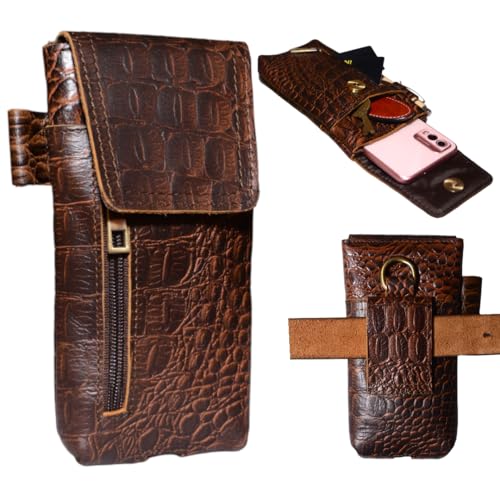 Leather Phone Holster Pouch for iPhone 16, 16 Pro,15 Pro 14, 14 Pro, 13 Pro, 13, 12 Pro, 12, Xs, X,11,Cell Phone Case with Belt Clip [Magnetic Closure] ID Card Holder Pouch(Fits Otterbox Case) - color: Croco Brown