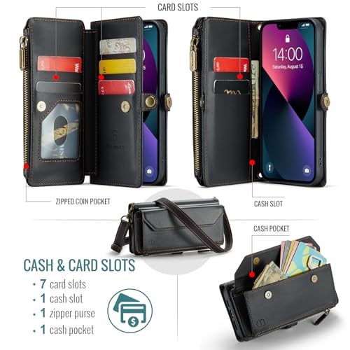 Strapurs Wallet Case Compatible with iPhone 13 RFID Blocking 7-Card Holder Soft PU Leather Magnetic Snap Shoulder Strap Zipper Pocket Phone Case Fit for iPhone 13 for Women 6.1" - Black | RFID Blocking 7-Card Holder, Shoulder Lanyard, Wirst Strap, Zipper