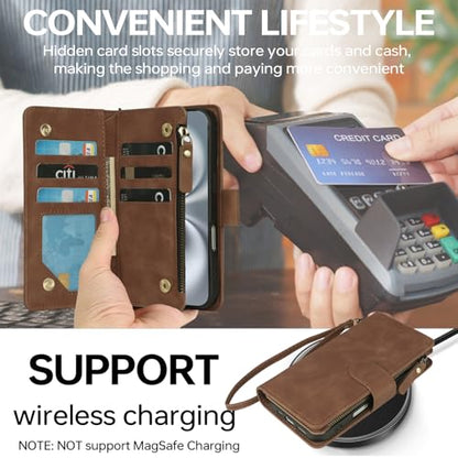 RANYOK Compatible with iPhone 16 Case Wallet - PU Leather Wallet Case for iPhone 16 with Credit Card Holder RFID Blocking Zipper Pocket with Wrist Strap Flip Folio Protective Case (Brown) - color: Brown, size: iPhone 16, 6.1"