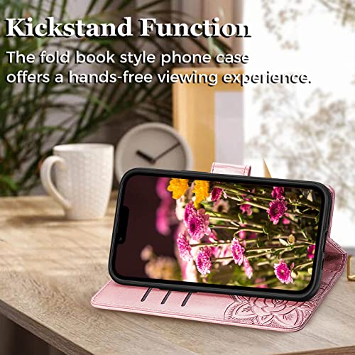 for iPhone 13 Pro Case Wallet for Women,Rose Gold | Butterfly Phone Cover Flip Folio Embossed PU Leather Credit Card Holder Slots Magnetic Wrist Strap Case - color: Rose Gold
