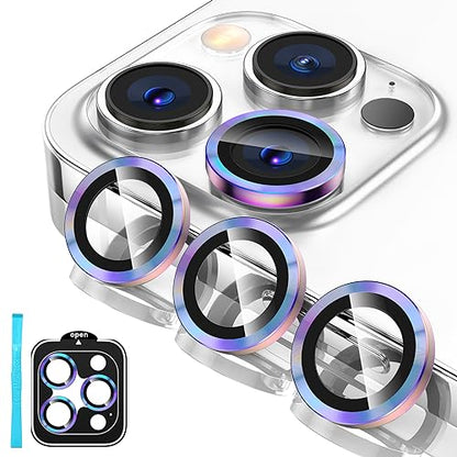Tensa iPhone 15 Pro/Pro Max Camera Lens Protector, 9H Tempered Glass Screen Cover, Metal Ring for 6.1/6.7 inch iPhone 2023 - color: Colorful