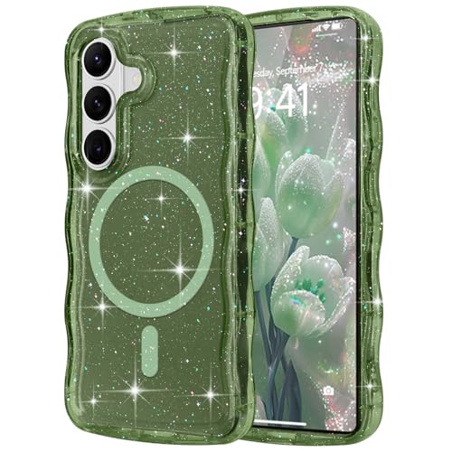 Pepmune Magnetic for Samsung Galaxy S26 Case Clear, Sparkly Bling Glitter Cute Curly Wave Cover for Women Men Compatible with MagSafe TPU Shockproof Protective Phone Case for Samsung Galaxy S26, Green - color: Green, size: Samsung Galaxy S26