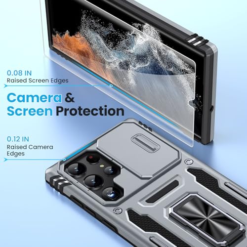 for Samsung Galaxy S22 Ultra Case with 2 PCS HD Screen Protector, Military Grade Protection Metal 360 ° Rotating Ring Kickstand Slide Camera Cover, Shockproof for Galaxy S22 Ultra Case, Gray | 2 PCS HD Screen Protector, Magnetic Metal 360 ° Rotating Kicks