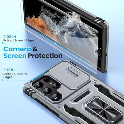 for Samsung Galaxy S22 Ultra Case with 2 PCS HD Screen Protector, Military Grade Protection Metal 360 ° Rotating Ring Kickstand Slide Camera Cover, Shockproof for Galaxy S22 Ultra Case, Gray | 2 PCS HD Screen Protector, Magnetic Metal 360 ° Rotating Kicks