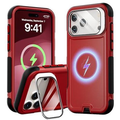 Follaroma Magnetic for iPhone 17 Pro Case with Camera Stand, Red, 6.3" | Built-in Glass Camera Cover,Compatible with MagSafe,Heavy Duty Shockproof Protective,Military-Grade Anti-DropDual Layer Cover - color: Black Red, size: iPhone 17 Pro 6.3''
