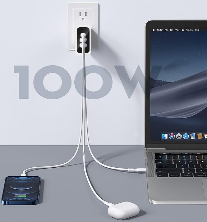 Fast 100W Dual USB-C Plus USB-A Charger - GaN Power Delivery - Fast Compact Power Adapter for Laptops, Smart Phones, Tablets and Thousands of Other Devices (White, 100W) - color: White, size: 100W
