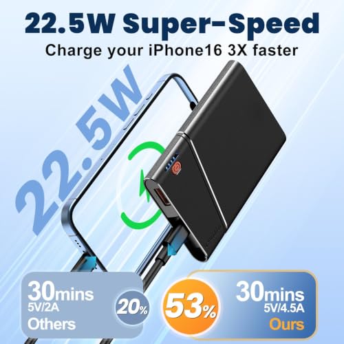 Aaoyun 10000mAh Portable Power Bank, 22.5W PD Fast Charging Battery Pack with Built-in USB-C Cable, Ultra-Slim External Phone Charger for iPhone 17/16/15, Samsung Galaxy S24, Android (Black) - color: Black