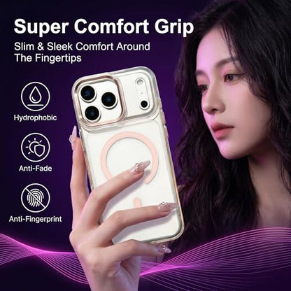 for iPhone 17 Pro Max Clear Case with Electroplated Camera Ring & Buttons, MagSafe Compatible, Military-Grade Shockproof, Anti-Yellowing Slim Transparent Cover - color: Pink