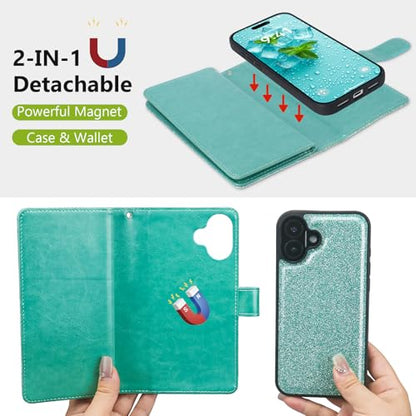 Varikke for iPhone 17 Glitter Case Wallet Magnetic Detachable, Mint Green - color: (Standard) Mint, size: iPhone 17 6.3"