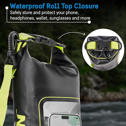 Pelican Marine IP68 Waterproof Dry Bag 2L w/Phone Pouch/Case - Black/Yellow | Roll Top Waterproof Backpack with Touchscreen Phone Pouch - Swimming, Kayaking, Camping, Rafting, Fishing & Travel Essentials - color: Black/Yellow - 2L, size: 2L