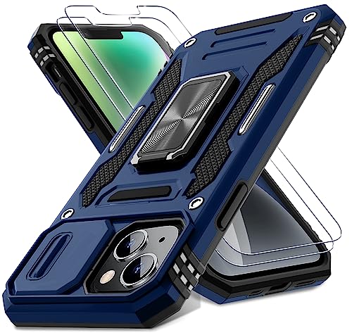 DEERLAMN Case for iPhone 13/iPhone 14 6.1-Inch with Slide Camera Cover+Screen Protector(2 Packs),Rotated Ring Kickstand Military Grade Shockproof Protective Cover-Navy Blue - color: Navy Blue