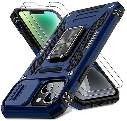 DEERLAMN Case for iPhone 13/iPhone 14 6.1-Inch with Slide Camera Cover+Screen Protector(2 Packs),Rotated Ring Kickstand Military Grade Shockproof Protective Cover-Navy Blue - color: Navy Blue