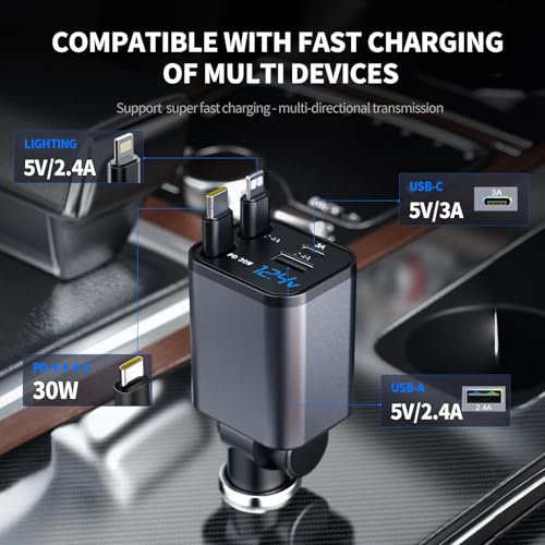 Kwak’s 2026 Retractable Car Charger 4 in1 Fast Charging Adapter Dual Cables - size: Double Type-C