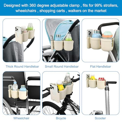 Accmor Stroller Cup Holder with Phone Holder, Bike Cup Holder, Universal Cup Holder for Uppababy Nuna Strollers, 2-in-1 Drinks Holder for Walker, Wheelchair, Scooter - color: Double Holder-All Off White