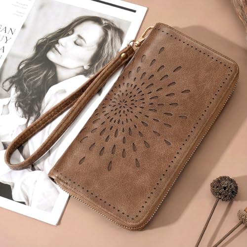 APHISON Wallet Women Large Capacity Clutch Purse For Ladies Card Holder RFID Wristlet Phone Zipper Coin Travel Pocket - color: 03-camel