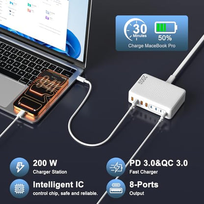 200W GaN 8-Port USB C Charging Station, PD 65W Multi-Device Charger - color: White
