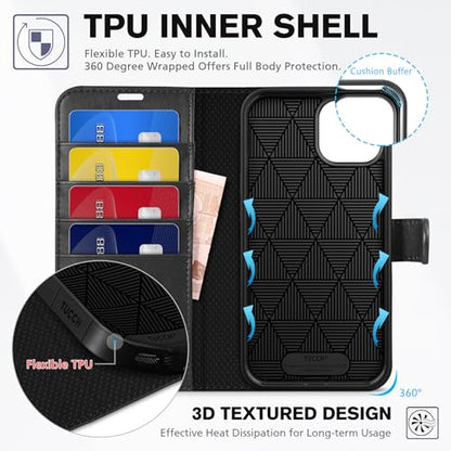 TUCCH Wallet Case for iPhone 14 (6.1") 2022, 4 Card Holders, Black | RFID Blocking, Viewing Stand, Shockproof TPU Shell, PU Leather, Magnetic Closure, Protective Folio Flip Cover - color: Black