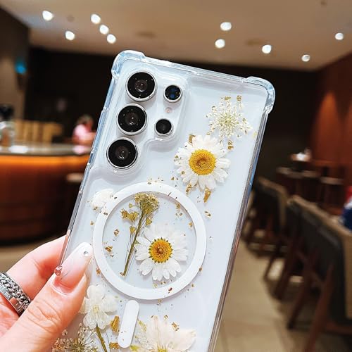 Compatible with Samsung Galaxy S23 Ultra Case,Compatible with MagSafe,Cute Pressed Dried Flowers Design Women Girly Shockproof Floral Clear Magnetic Case for Galaxy S23 Ultra (White) | Cute Pressed Dried White Flowers Design Women Girly Shockproof Floral