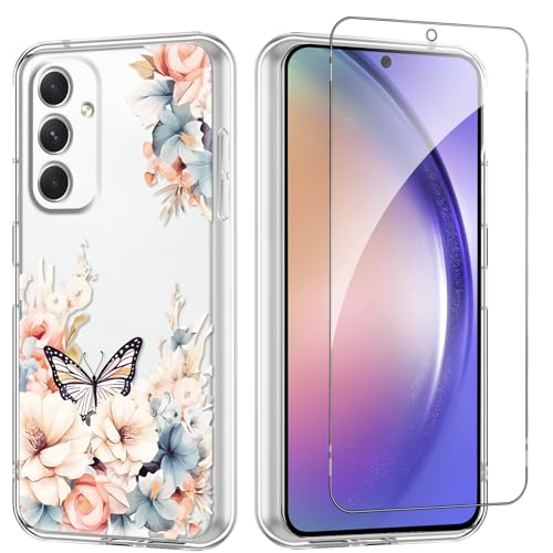 Flower Phone Case Floral for Samsung Galaxy A54 5G 6.4'' with Screen Protector, Clear Transparent Phone Cover Slim Soft Shockproof Anti-Scratch Drop Protection Funda for Girls Women - color: Yellow Peony, size: Samsung Galaxy A54 5G